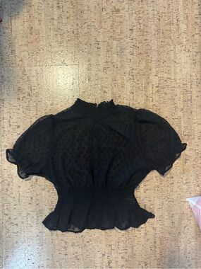 Mirrou New Zealand Black Swiss Dot Smocked Peplum Puff Sleeve Blouse
